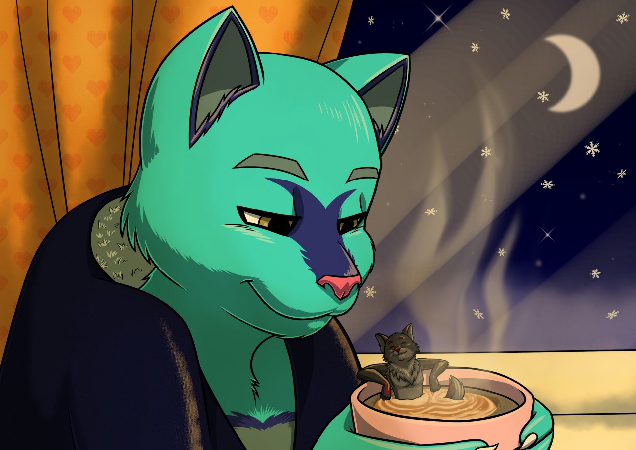 Amicus, a teal cat, holding a cup of hot chocolate with a micro-sized Lupino relaxing in the hot chocolate